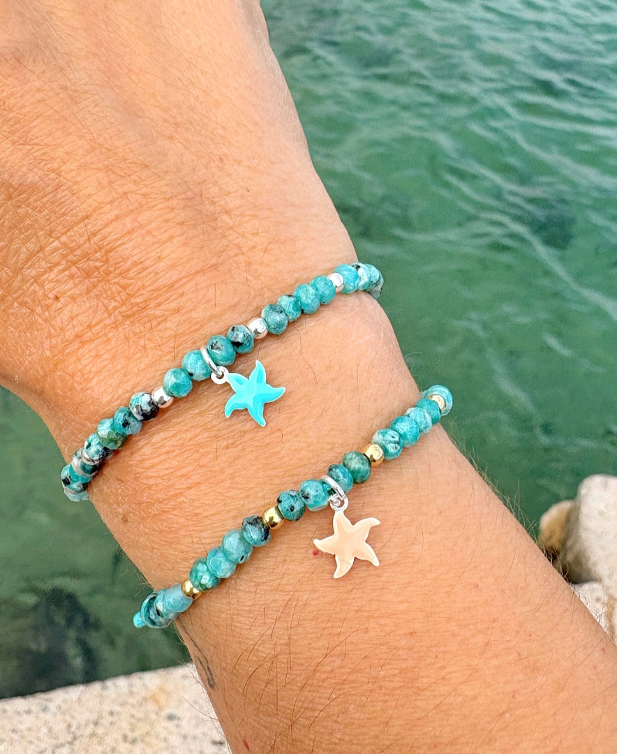 Pulsera jade verde con estrella de mar en plata