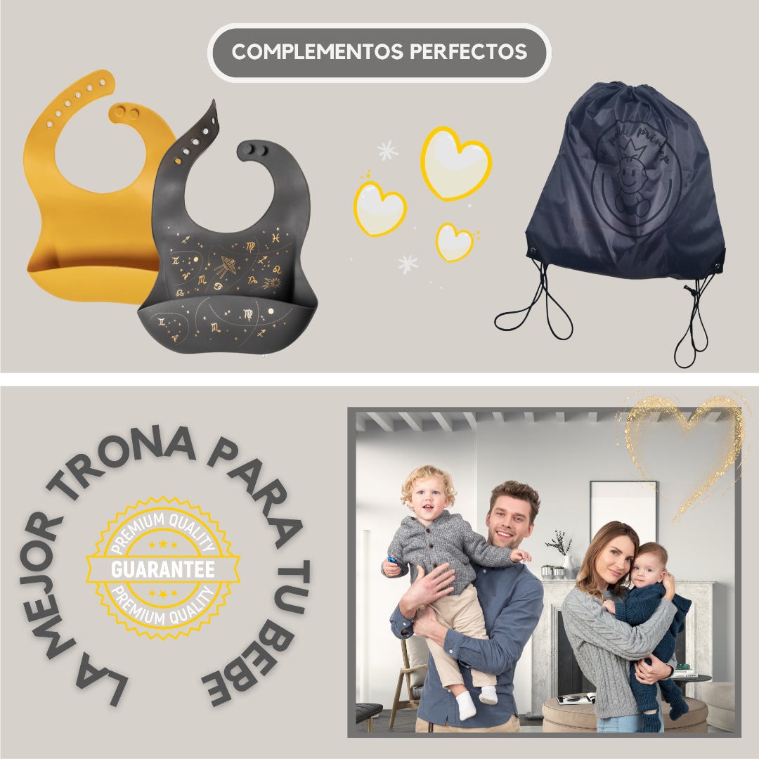 Pack trona portátil, 2 baberos silicona y bolsa de